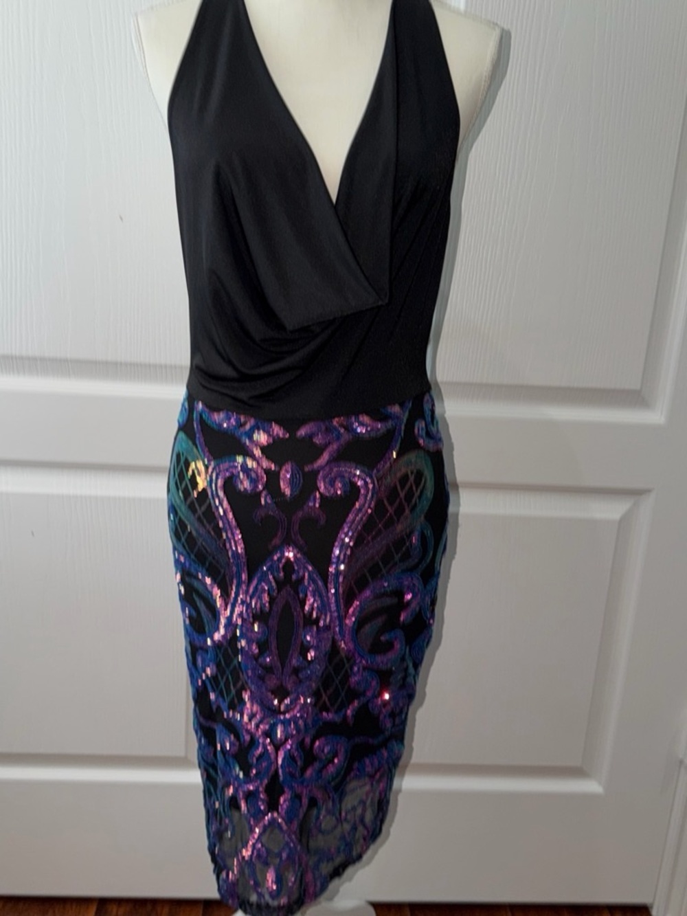bebe Black Halter Midi Dress with Purple & Blue Sequined Skirt